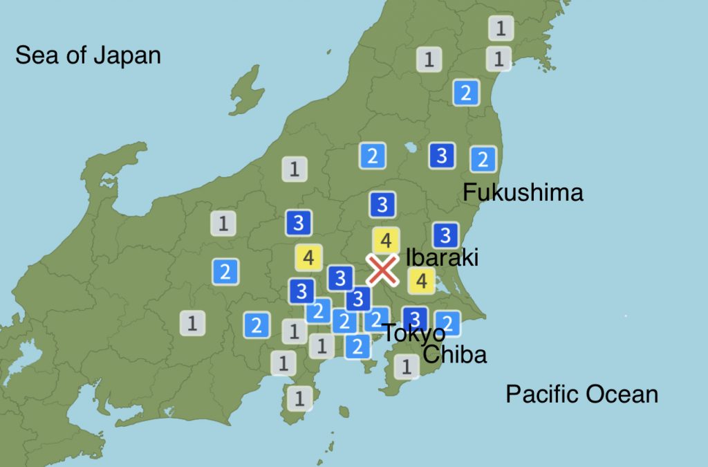 Tokyo metropolis, Kanagawa, Miyagi, Yamanashi and Nagano observed seismic intensity of 2. (Weather News)
