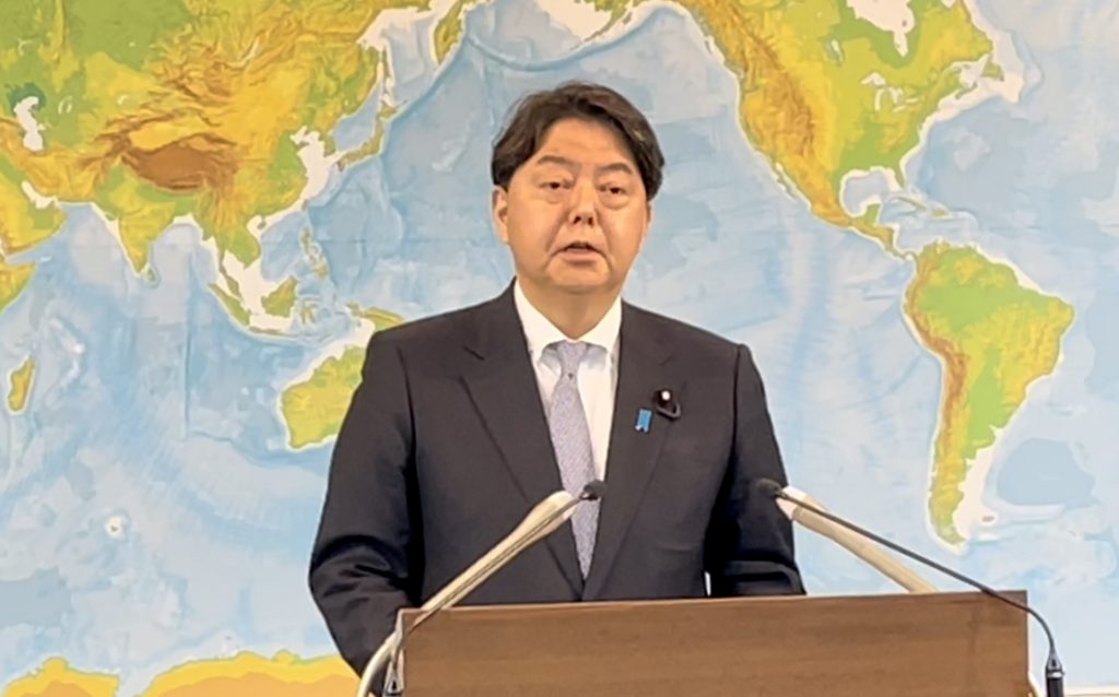 Foreign Minister HAYASHI Yoshimasa talks to the media at a press conference on May 17. (ANJP Photo)