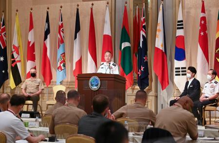 General Yoshihide Yoshida (centre), Chief of Staff Japanese Ground Self-Defense Force, delivers a speech during the opening ceremony of the Pacific Amphibious Leaders Symposium 2022 in Tokyo on June 14, 2022. (AFP)
