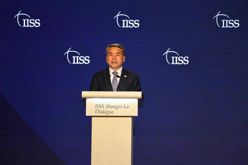 South Korea's Minister of National Defense Lee Jong-sup speaks at the Shangri-La Dialogue summit in Singapore, June 12, 2022. (AFP)