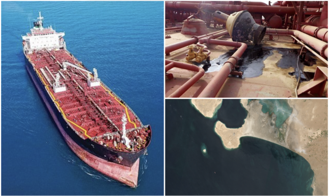 The UN is racing to prevent oil-storage vessel FSO Safer (left), used by the Houthis as a bargaining chip, from sparking a catastrophic oil spill owing to leakage or explosion. (AP/AFP)