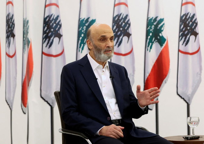Samir Geagea, the head of the Christian Lebanese Forces party, speaks during an interview with Reuters at his residence in Maarab on Wednesday. (Reuters)