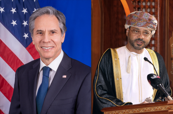 US Secretary of State Antony Blinken spoke with his Omani counterpart Sayyid Badr Al-Busaidi. (State Department/AFP)