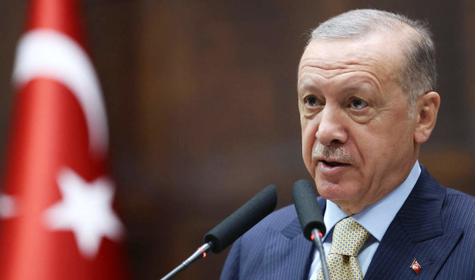 Turkish President and leader of the Justice and Development Party (AK Party) Recep Tayyip Erdogan delivers a speech during his party’s parliamentary group meeting at the Turkish Grand National Assembly in Ankara on June 1, 2022. (AFP)