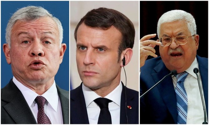 French President Emmanuel Macron holds separate calls with Jordan’s King Abdullah and Palestinian counterpart Mahmoud Abbas. (File/Reuters/AFP)
