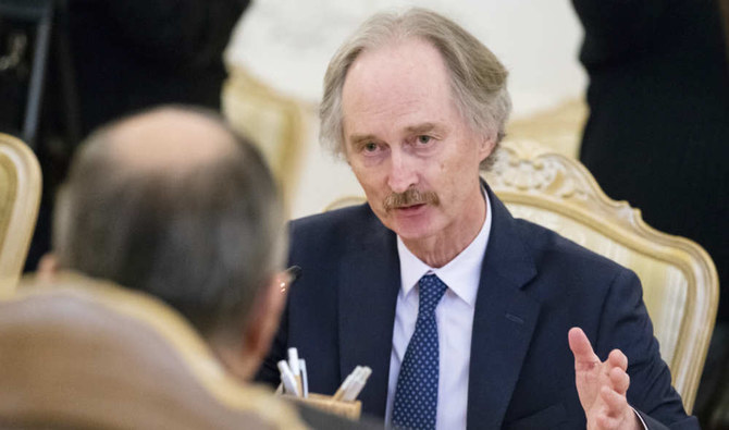 Geir Pedersen, the United Nations' special envoy for Syria, gestures while speaking to Russian Foreign Minister Sergey Lavrov, back to a camera, during their talks in Moscow, Russia, Jan. 21, 2019. (AP)