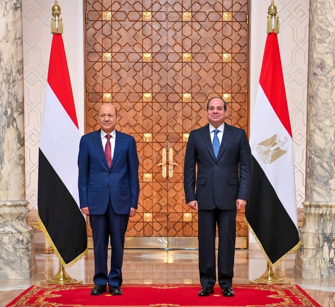 Egyptian President Abdel Fattah El-Sisi and his Yemeni counterpart Rashad Al-Alimi ahead of their meeting in Cairo. (Egyptian Presidency/AFP)