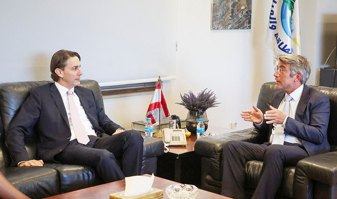 Lebanon’s caretaker Energy Minister Walid Fayad, gestures as he meets with US senior adviser for energy security Amos Hochstein in Beirut on Monday. (Reuters)