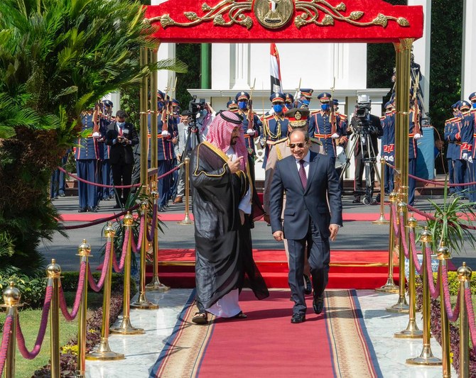 Egypt’s President Abdel Fattah El-Sisi on Tuesday received Saudi Crown Prince Mohammed bin Salman, who is visiting Cairo as part of a foreign tour. (SPA)