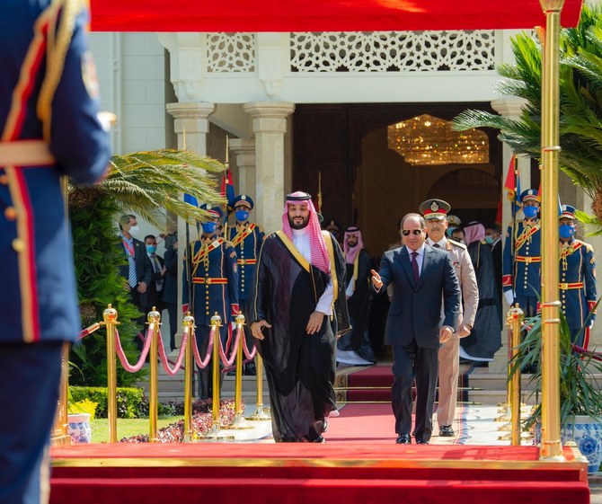 Egypt’s President Abdel Fattah El-Sisi on Tuesday received Saudi Crown Prince Mohammed bin Salman, who is visiting Cairo as part of a foreign tour. (SPA)