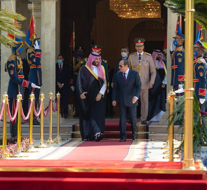 Egypt’s President Abdel Fattah El-Sisi on Tuesday received Saudi Crown Prince Mohammed bin Salman, who is visiting Cairo as part of a foreign tour. (SPA)