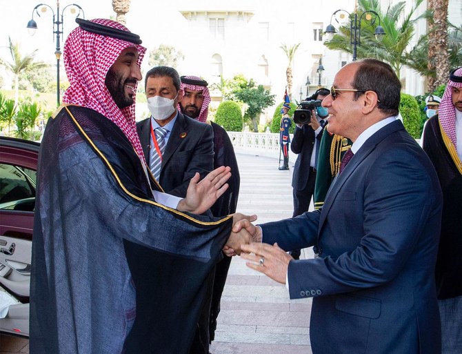 Egypt’s President Abdel Fattah El-Sisi on Tuesday received Saudi Crown Prince Mohammed bin Salman, who is visiting Cairo as part of a foreign tour. (SPA)