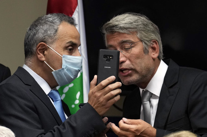 Lebanon's Energy Minister Walid Fayyad, on a call with World Bank's Regional Director before import deals are signed on June 21, 2022. (AP)