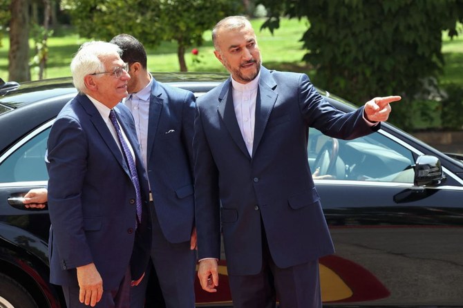 Iran's Foreign Minister Hossein Amir-Abdollahian (R) welcomes Joseph Borrell, the High Representative of the European Union for Foreign Affairs and Security Policy (L). (File/AFP)