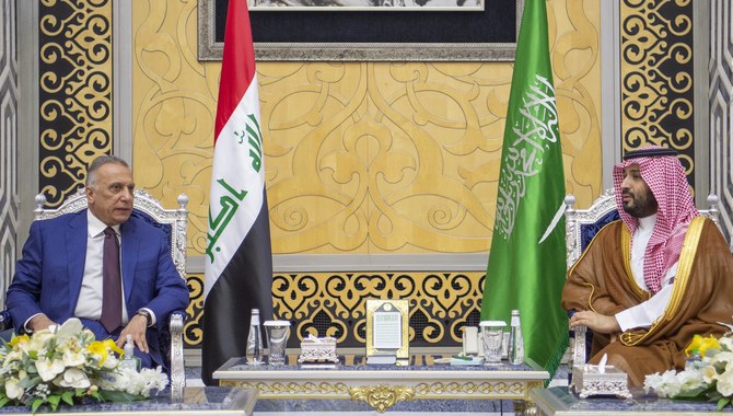 Crown Prince Mohammed bin Salman and Prime Minister Mustafa Al-Kadhimi exchange views on strengthening security and stability in the region. (SPA)