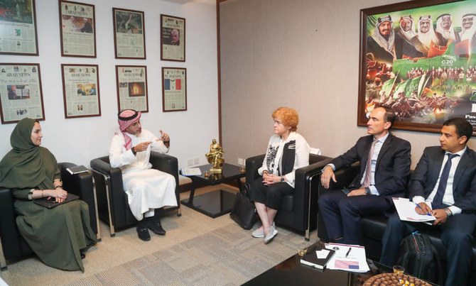 Ambassador Deborah lipstadt, US special envoy to monitor and combat antisemitism, with Arab News editor-in-chief Faisal J. Abbas and assistant editor-in-chief Noor Nugali at Arab News headquarters in Riyadh on Tuesday. (AN Photo by Saad Alonezi)