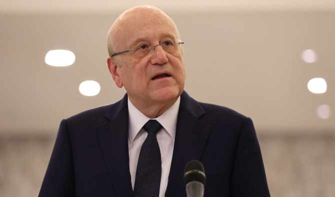 Lebanon's Prime Minister-designate Najib Mikati speaks following his meeting with the president in Baabda, east of the capital Beirut, on June 23, 2022. (AFP)
