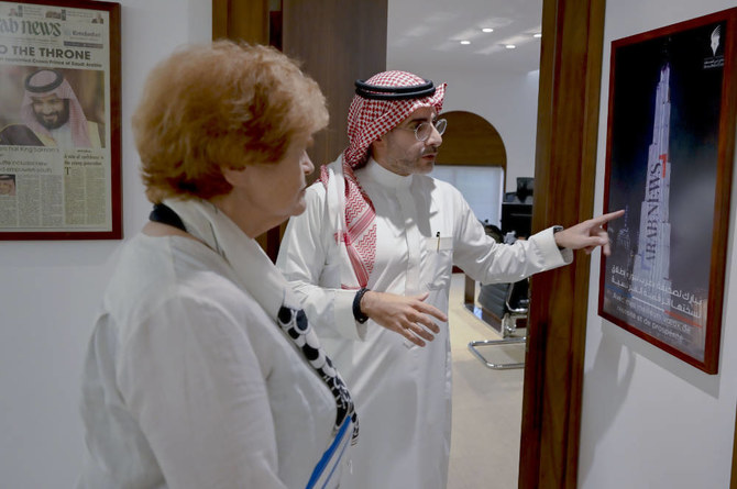 Arab News editor-in-chief Faisal J. Abbas with Ambassador Deborah lipstadt. (AN photo by Basheer Saleh)