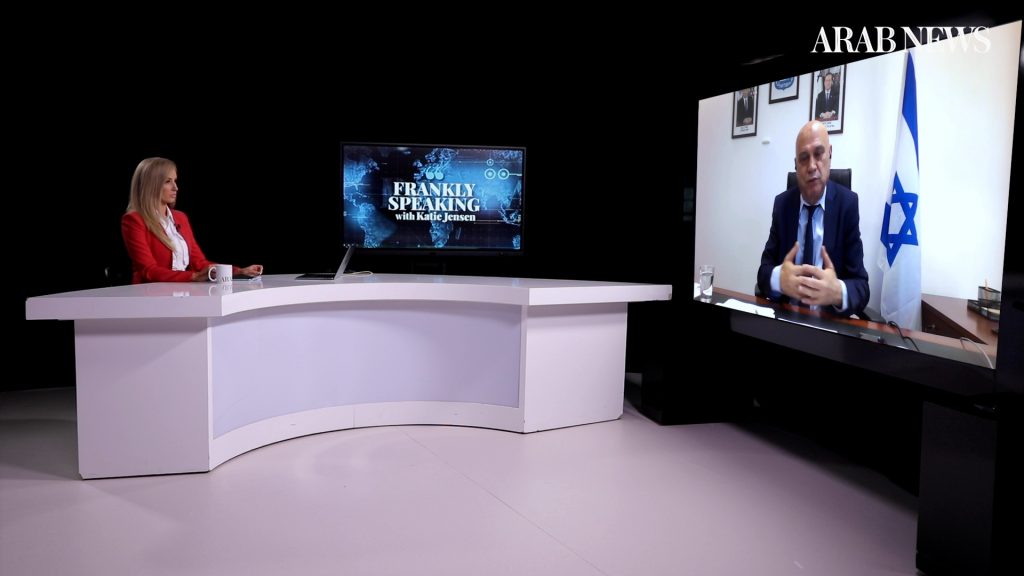 Esawi Frej, Israel’s minister of regional cooperation, is interviewed by Katie Jensen, the host of “Frankly Speaking,” the Arab News talk show. (AN photo) 