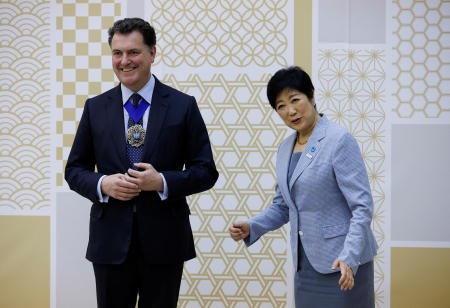 Lord Mayor of the City of London, Vincent Keaveny, meets with Tokyo Governor Yuriko Koike at Tokyo Metropolitan Government office building in Tokyo, Japan June 30, 2022. (Reuters)