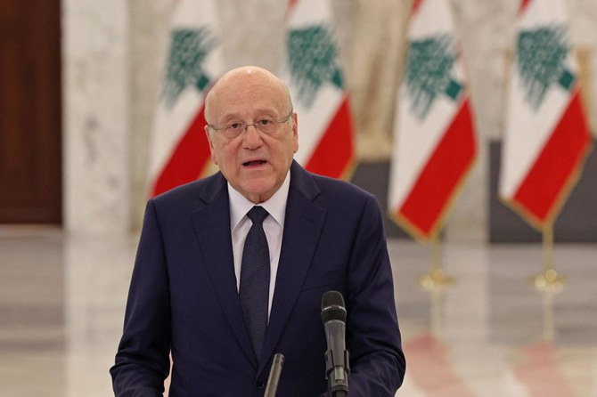 Lebanon’s Prime Minister-designate Najib Mikati speaks following his meeting with the president at the presidential palace in Baabda on Thursday. (AFP)