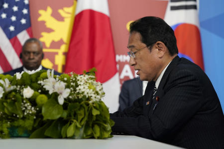 Japan's Prime Minister Fumio Kishida speaks during the NATO summit in Madrid, Wednesday, June 29, 2022. (AP)