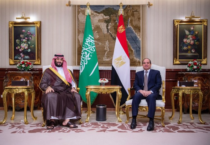 Saudi Crown Prince Mohammed bin Salman meets with Egyptian President Abdel Fattah El-Sisi in Cairo on Monday. (SPA)