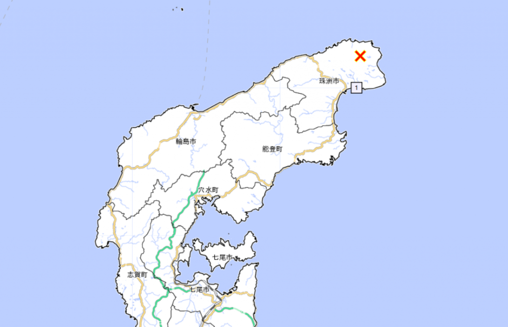 An earthquake with a preliminary magnitude of 5.0 shook the city of Suzu at the tip of the Noto peninsula in northern Japan, June. 20, 2022. (Japan Meteorological Agency)