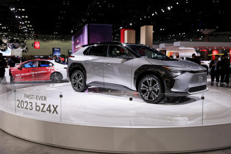 2023 Toyota bZ4X all-electric SUV is displayed during the 2021 LA Auto Show in Los Angeles, California, US, November, 17, 2021. (Reuters)