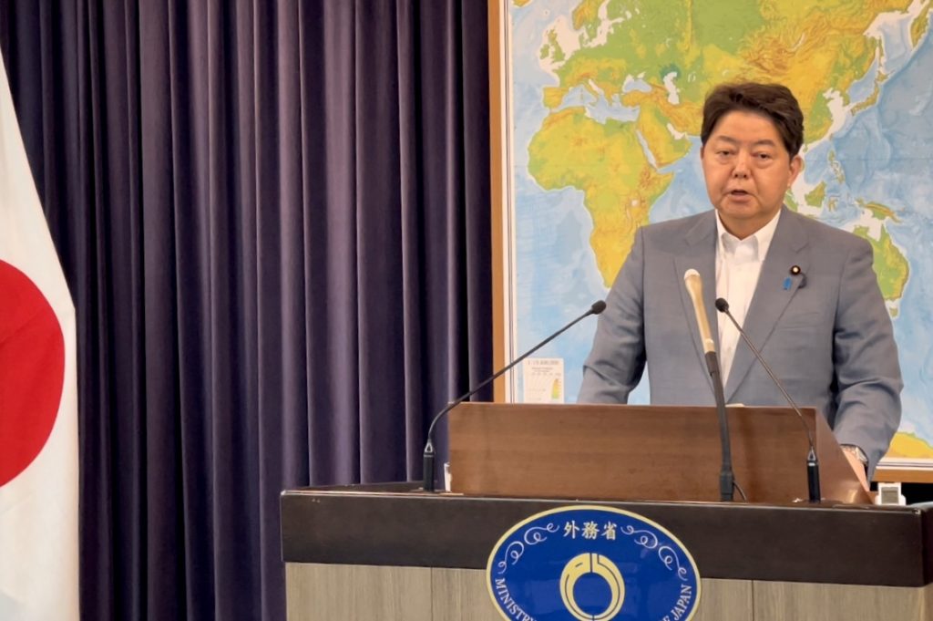 Foreign Minister HAYASHI speaking at a press conference on Tuesday,  June 21, 2022. (ANJ photo)
