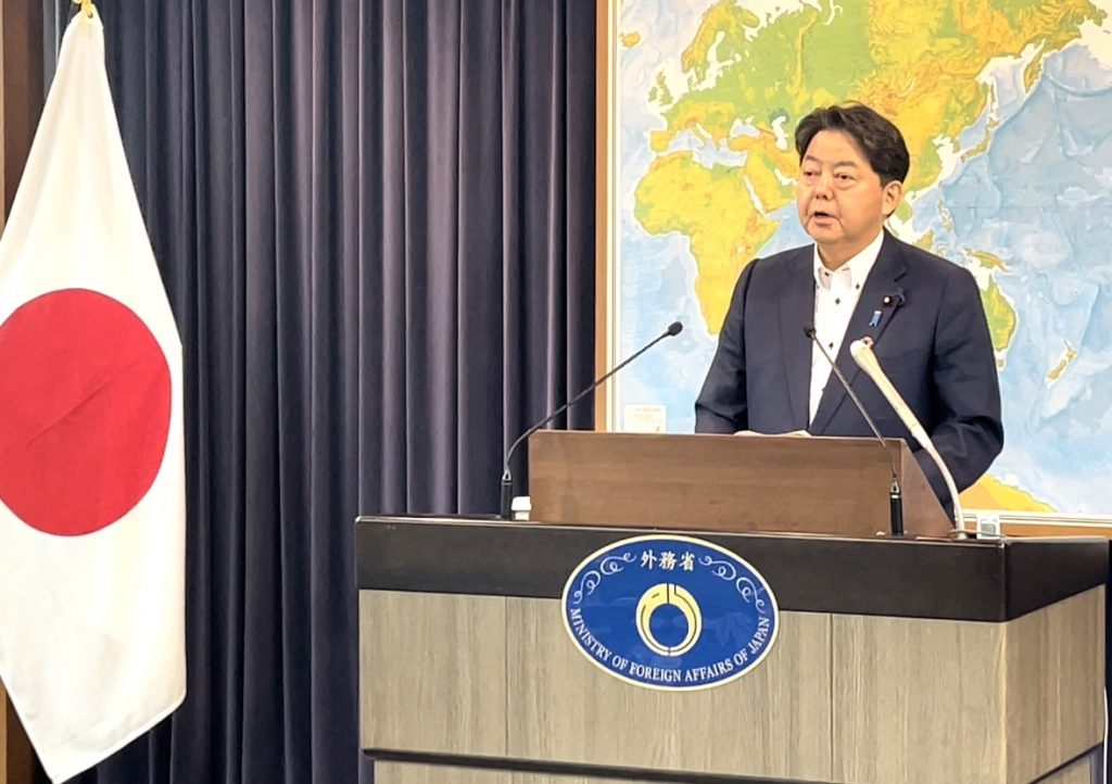Foreign minister Yoshimasa Hayashi speaks at a press conference at the foreign ministry in Tokyo, June. 14, 2022. (ANJP)