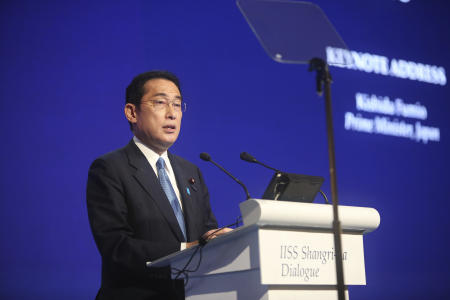 Prime Minister of Japan, Fumio Kishida delivers the keynote address of the forum at the Shangri La Hotel during the 19th International Institute for Strategic Studies (IISS) Shangri-la Dialogue, an annual defence and security forum in Asia, in Singapore, Friday, June 10, 2022. (AP)