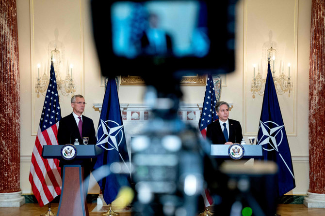 US State Secretary Antony Blinken and NATO Secretary-General Jens Stoltenberg face the media in Washington on June 1, 2022. (AFP)