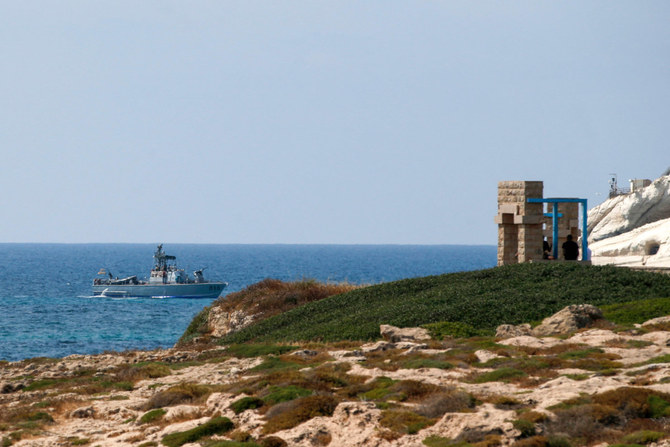 An Israeli navy vessel patrols off the coast of Ras al-Naqura, at the border between Israel and Lebanon. (AFP)