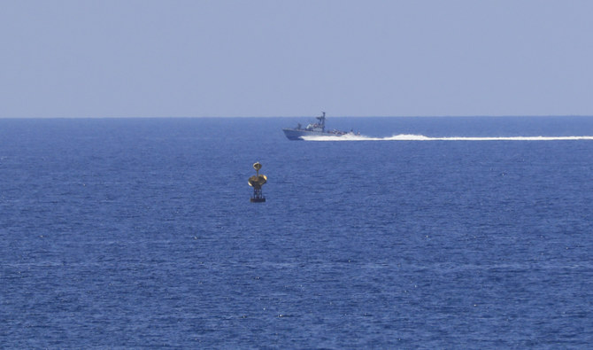 An Israeli Navy vessel patrols in the Mediterranean Sea off the southern town of Naqoura, Monday, June 6, 2022. (AP)