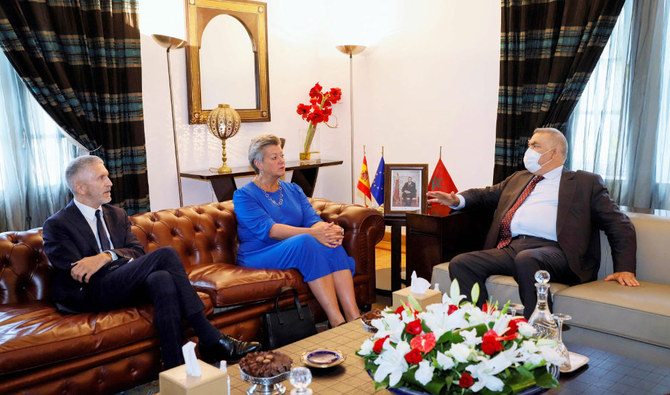 Interior Minister Abdelouafi Laftit (R) meeting with Ylva Johansson (C), European Commissioner for Home Affairs, and Fernando Grande-Marlaska (L), Spain's Interior Minister, in the capital Rabat on July 8, 2022. (AFP)