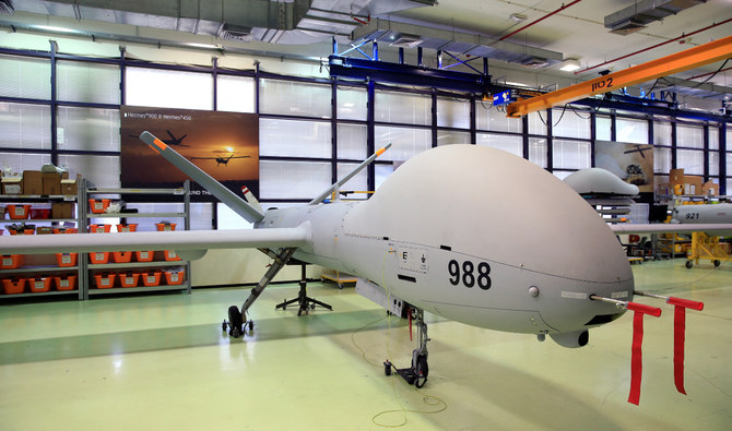 An Elbit Systems Ltd. Hermes 900 unmanned aerial vehicle (UAV) is seen at the company's drone factory in Rehovot, Israel, June 28, 2018. (Reuters/File)