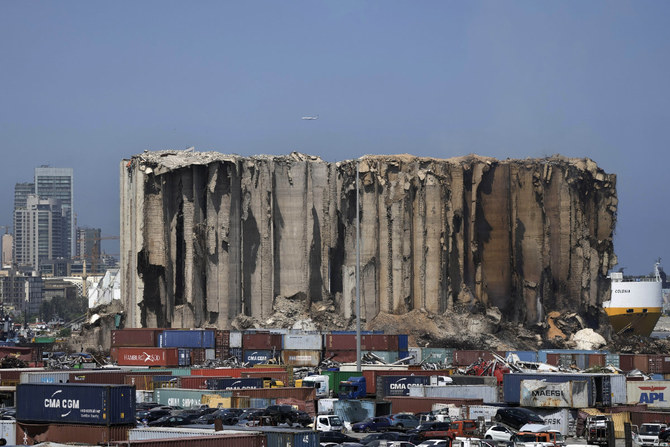General view of fire-hit grain silos at Beirut port, Lebanon, on July 22, 2022. (AP Photo/Hassan Ammar)