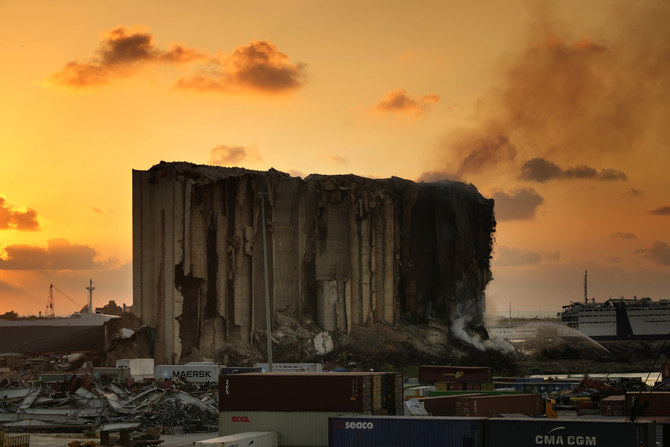 A view of the silos in the north block of the Beirut Port blackened by a dayslong fire on July 22, 2022. (AP)