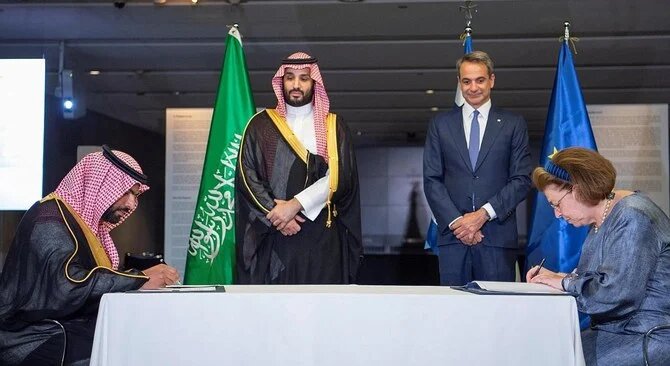 The crown prince attended the signing of a MoU at the Acropolis. (SPA)