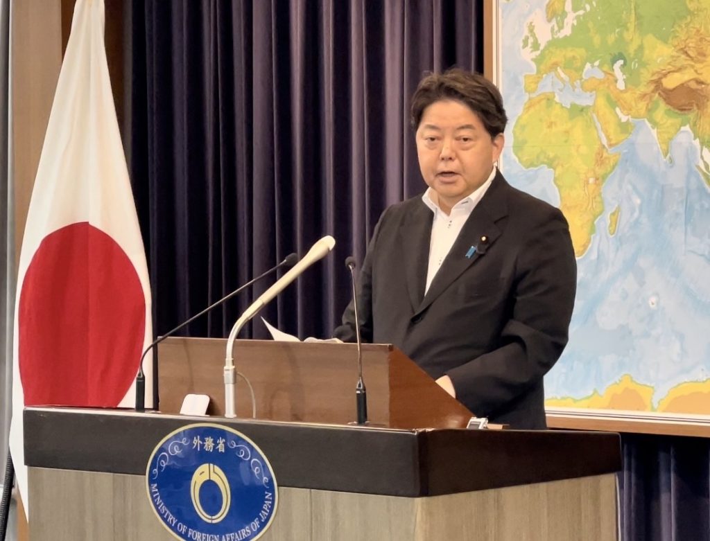Foreign Minister HAYASHI speaks at a press conference in Tokyo on July 26. (ANJP photo)