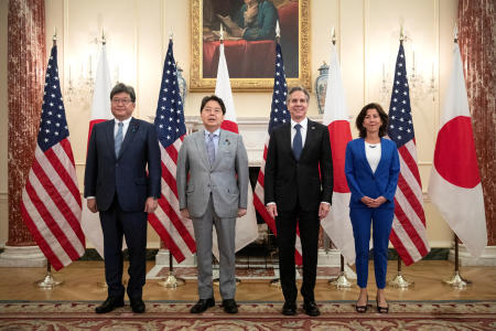 US Secretary of State Antony Blinken and Commerce Secretary Gina Raimondo participate in a family photo with Japan’s Foreign Minister Yoshimasa Hayashi and Koichi Hagiuda, Japan's Minister of Economy, Trade, and Industry, during the US-Japan Economic Policy Consultative Committee (EPCC) at the State Department in Washington, US, July 29, 2022. (Reuters)