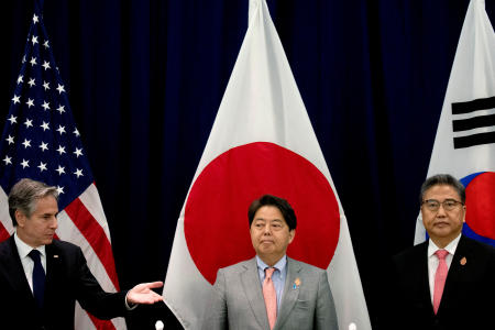 US Secretary of State Antony Blinken, Japanese Foreign Minister Yoshimasa Hayashi and South Korean Foreign Minister Park Jin stand for a photo during a trilateral meeting at the G20 Foreign Ministers Meeting in Nusa Dua, Bali, Indonesia July 8, 2022. (Reuters)