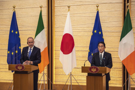 Japan's Prime Minister Fumio Kishida (right) and Ireland's Prime Minister Micheal Martin attend a joint press conference after the Japan-Ireland summit meeting at the prime minister's office in Tokyo Wednesday, July 20, 2022. (AP)