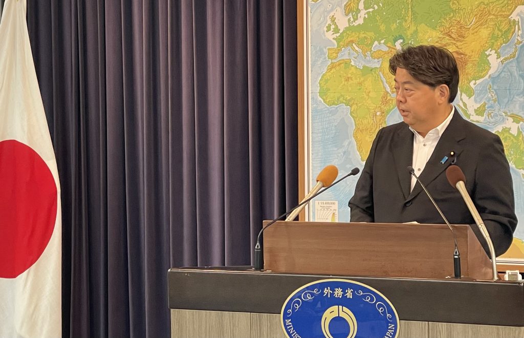 Foreign Minister HAYASHI talks at a press conference held on July 22 at the Foreign Ministry in Tokyo. (ANJP)