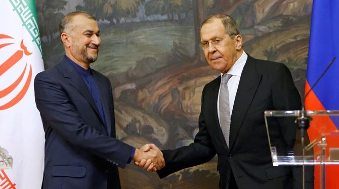 Russian FM Sergei Lavrov and Iranian FM Hossein Amir-Abdollahian, Moscow, Russia, Mar. 15, 2022. (Reuters)