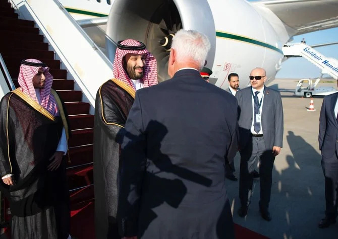 Saudi Arabia’s Crown Prince Mohammed bin Salman is greeted on arrival in Athens by Greek Deputy Prime Minister Panagiotis Pikrammenos. (SPA)