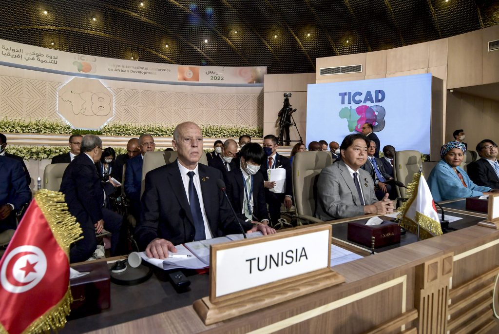 Tunisia's President Kais Saied (L) and Japan's Foreign Minister Yoshimasa Hayashi (C) attend the eighth Tokyo International Conference on African Development (TICAD), in Tunis, Tunisia, Aug. 27, 2022. (File photo/EPA)