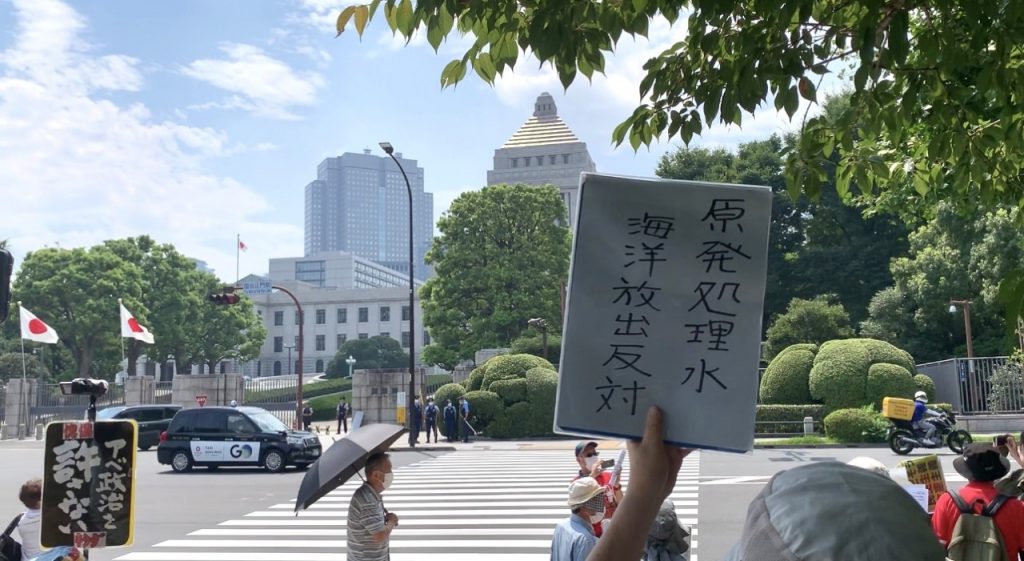 Protesters gathered in front of the Parliament (Diet) building on Wednesday to oppose the state funeral of assassinated former Prime Minister Shinzo Abe. (ANJ/ Pierre Boutier)