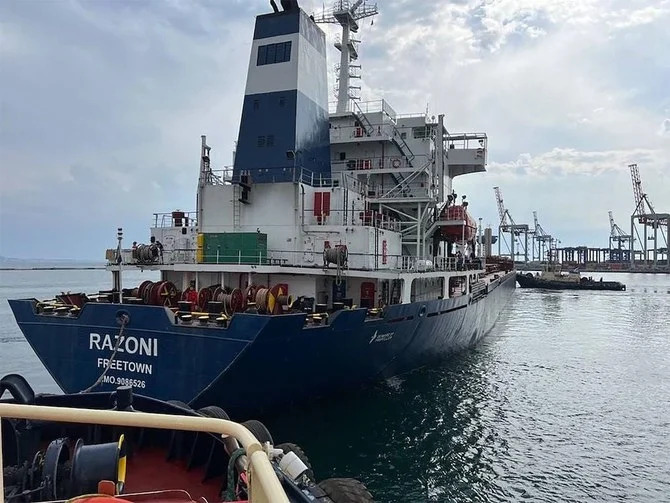 Above, the Sierra Leone-flagged dry cargo ship Razoni, carrying a cargo of 26,000 tons of corn, depars from the Black Sea port of Odessa on Aug. 1, 2022. (Turkish Defense Ministry via AFP)